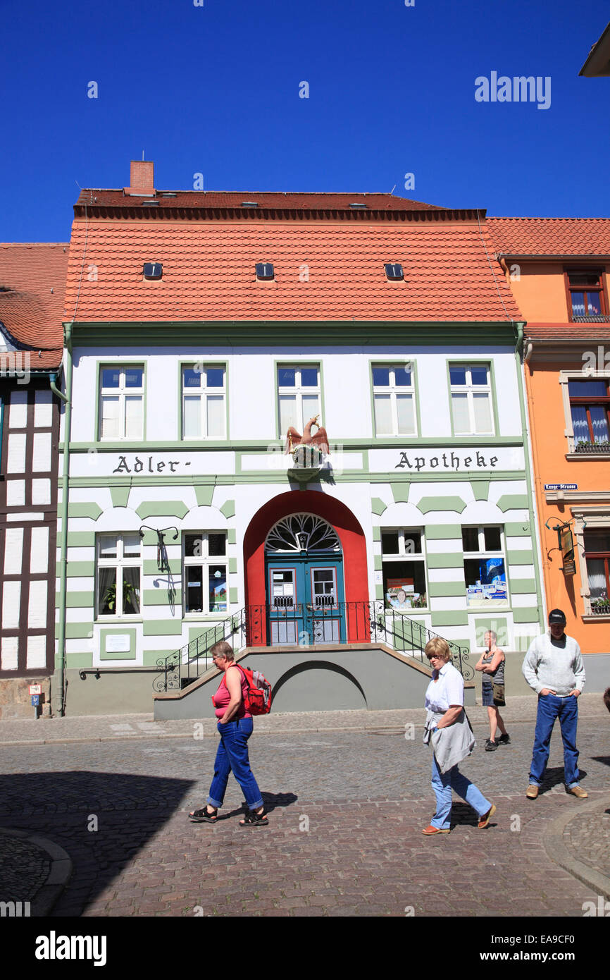 Framed house Adler Apotheke, Tangermünde,  Tangermuende / Elbe, Altmark,  Sachsen-Anhalt, Germany, Europe Stock Photo