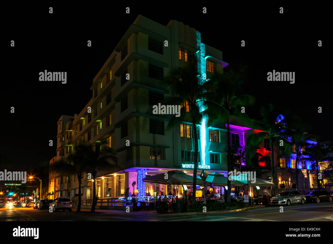 The neon-illuminated Art Deco facade of SOBE's historic Winter Haven Hotel along Deco Drive on Miami's South Beach, Florida, USA Stock Photo