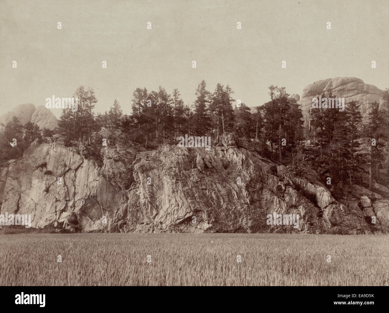 Calamity Peak. Near Custer, named after 'Calamity Jane,' the most noted character in the Black Hills.  Rock formations and trees as seen from the plains, circa 1890 Stock Photo