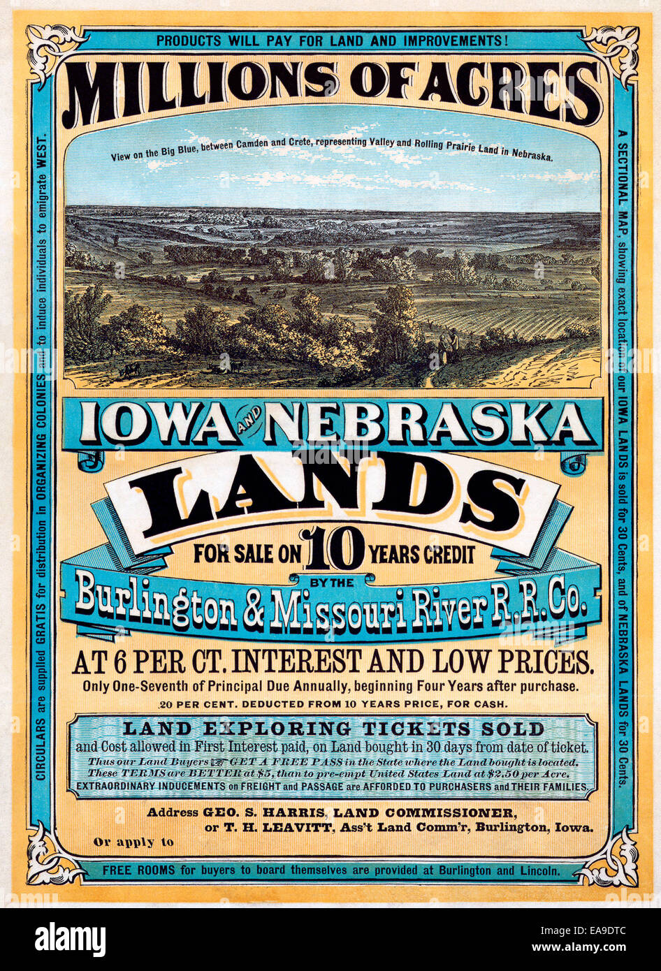 Land offers in Iowa and Nebraska - Millions of acres. Iowa and Nebraska. Land for sale on 10 years credit by the Burlington & Missouri River R. R. Co. at 6 per ct interest and low prices ... Buffalo. N. Y. Commercial advertiser printing house [1872]. Stock Photo
