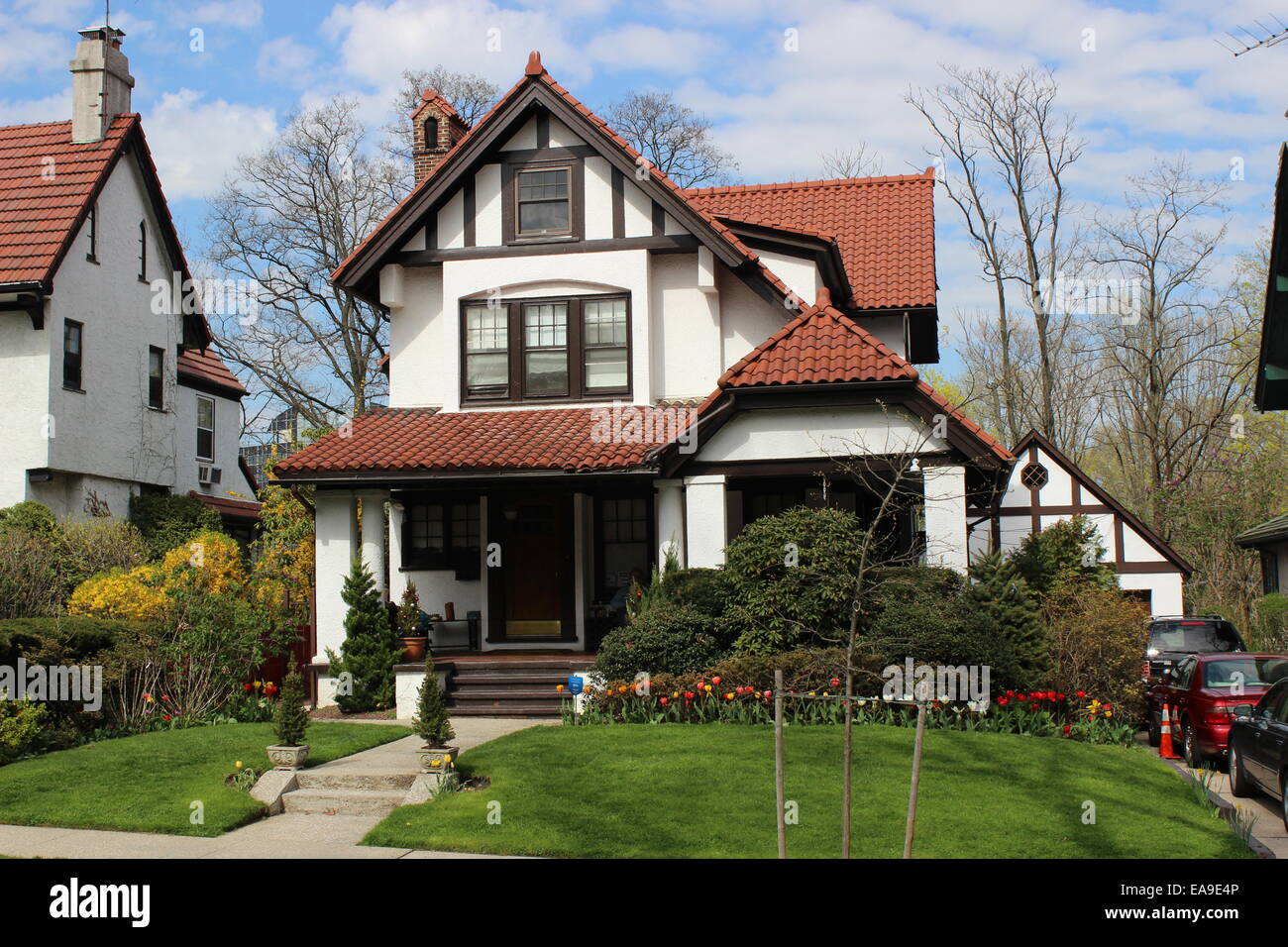 Tudor/Mediterranean Revival House, Kew Gardens, Queens, New York Stock