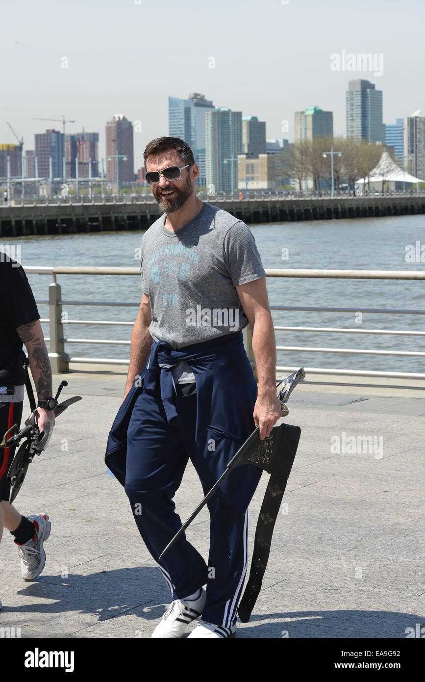 Hugh Jackman working out in the park for his up coming Peter Pan movie  Featuring: Hugh Jackmsn Where: Manhattan, New York, United States When: 07 May 2014 Stock Photo