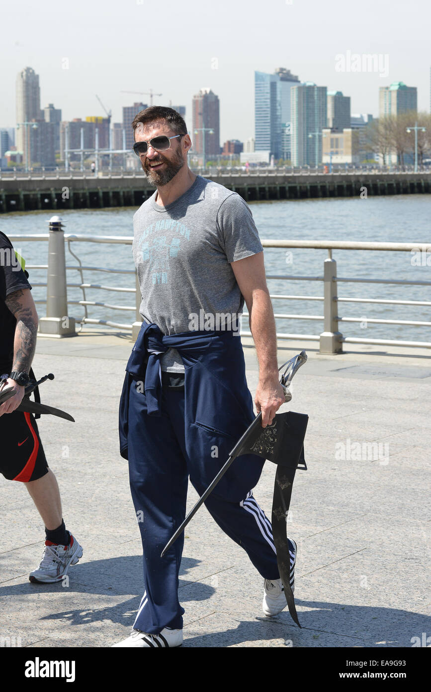Hugh Jackman working out in the park for his up coming Peter Pan movie  Featuring: Hugh Jackmsn Where: Manhattan, New York, United States When: 07 May 2014 Stock Photo