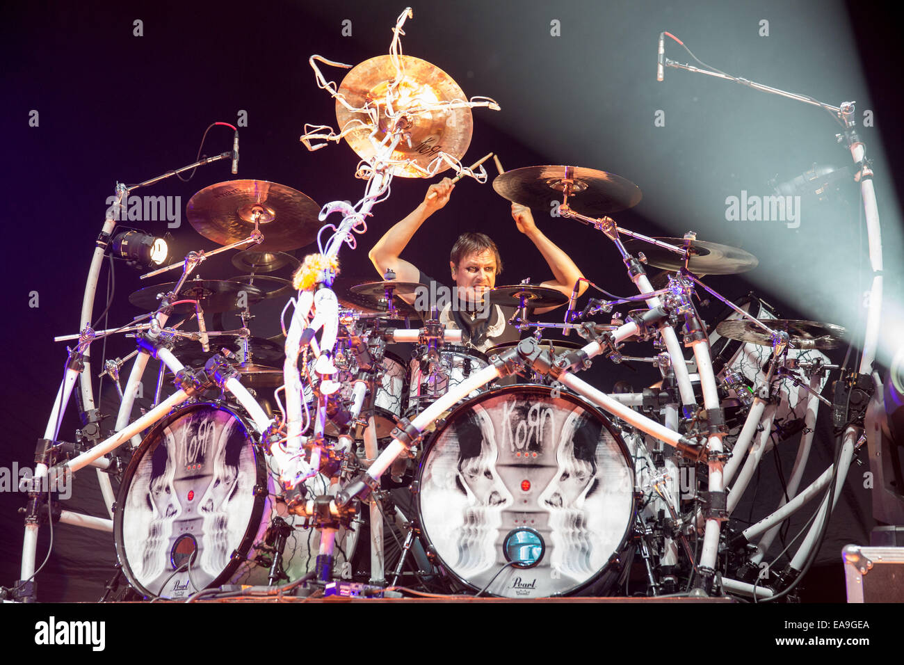 Madison, Wisconsin, USA. 8th Nov, 2014. Drummer RAY LUZIER of the band Korn performs live at the Alliant Energy Center in Madison, WIsconsin © Daniel DeSlover/ZUMA Wire/Alamy Live News Stock Photo