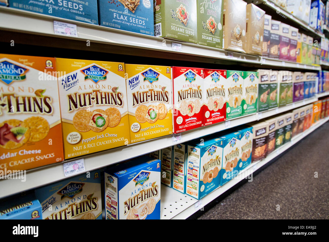 Boxes of Blue Diamond Nut-Thins sit on the shelves of a natural foods store. Stock Photo