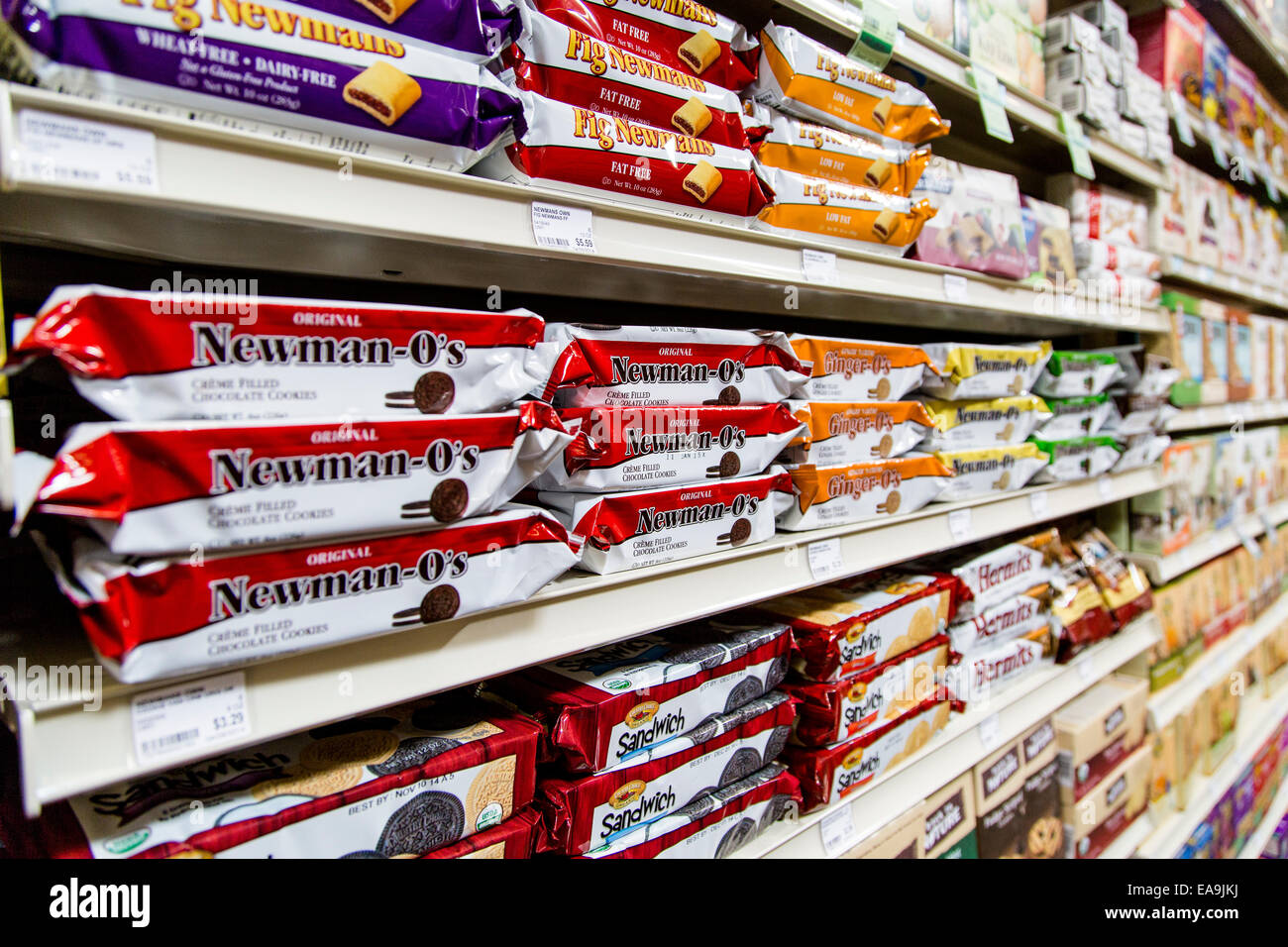 Newman-O's cookies and other Newman's Own products sit on the shelves of a natural foods store. Stock Photo