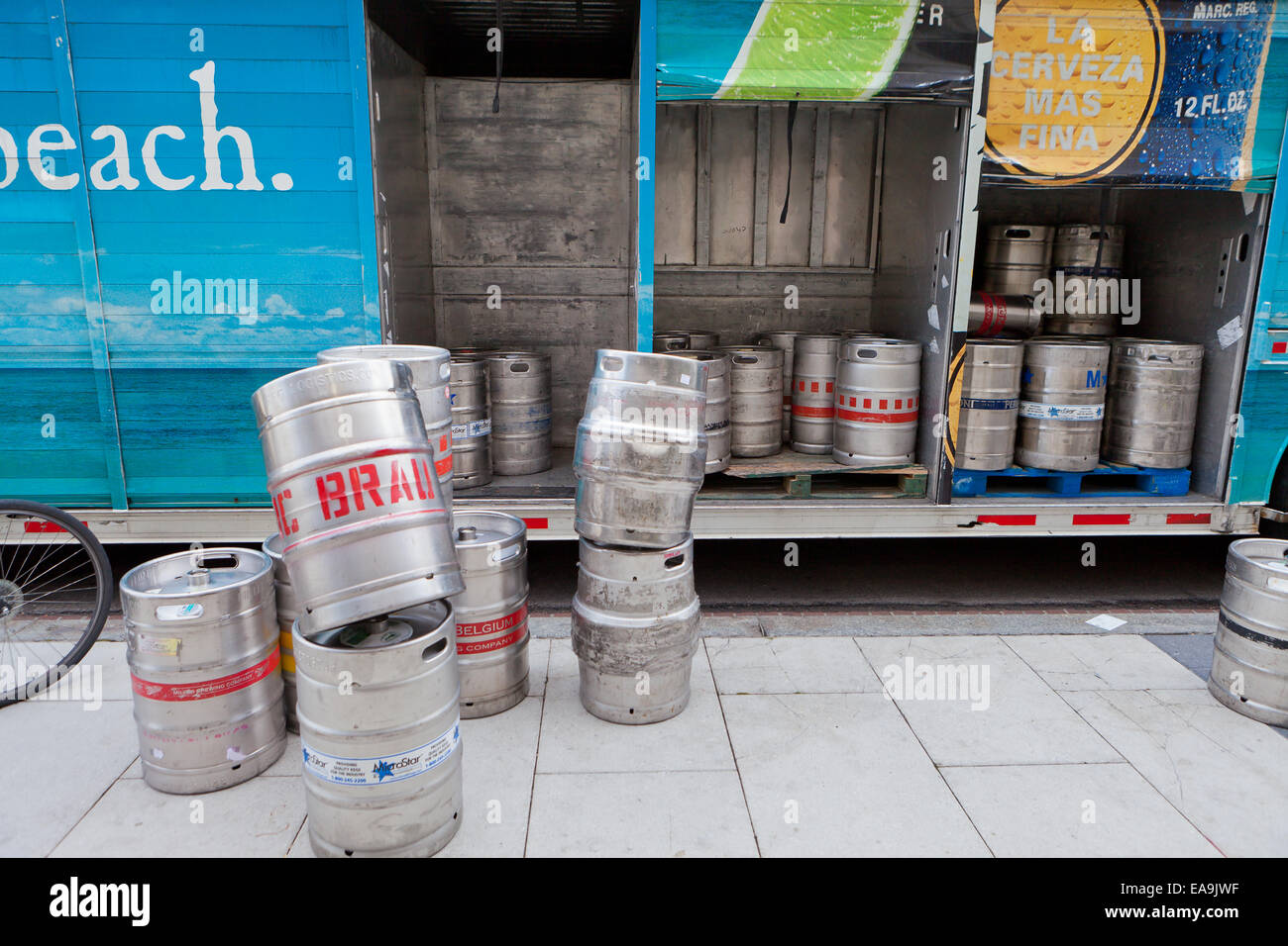Beer delivery truck and kegs USA Stock Photo Alamy