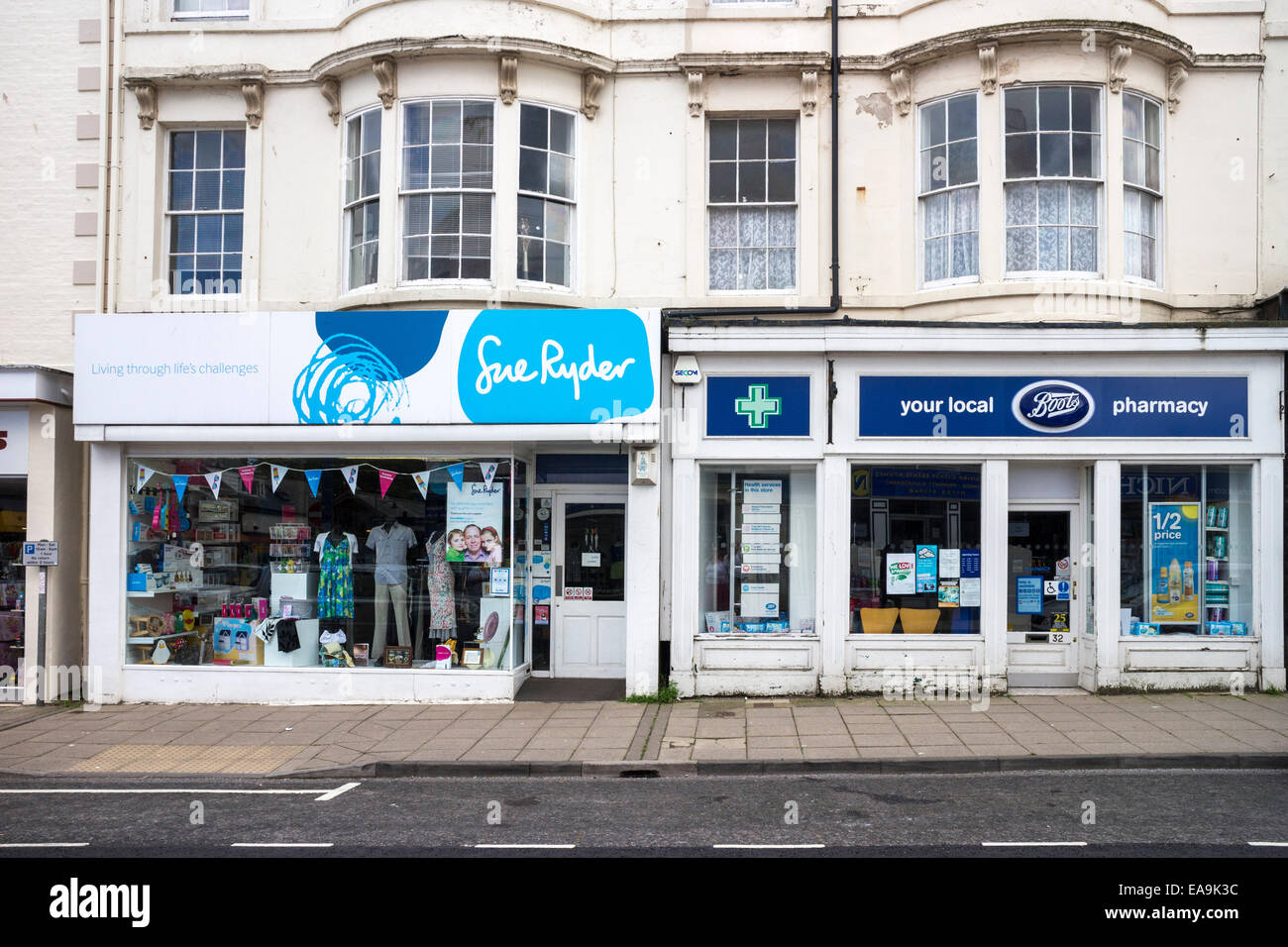 Sue Ryder Charity shop front, Boots, Filey, North Yorkshire. Stock Photo