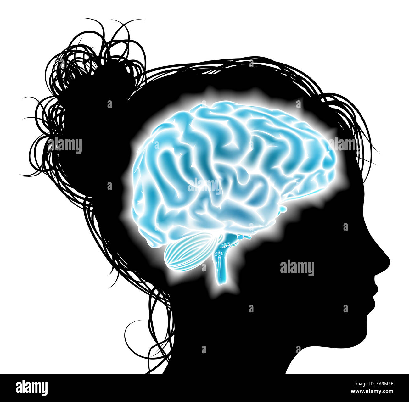 A womans head in silhouette with a glowing brain. Concept for mental, psychological development, brain development, mental stimu Stock Photo
