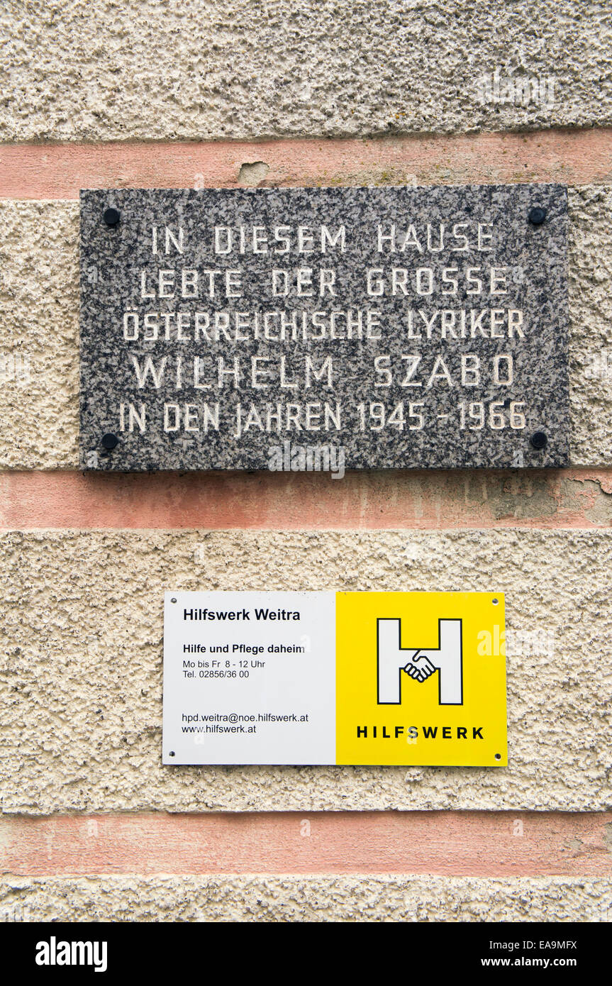 The memorial plaque IN DIESEM HAUSE LEBTE DER GROSSE OSTERREICHISCHE LYRIKER WILHELM SZABO IN DEN JAHREN 1945-1966 in Weitra, Lower Austria, September 11, 2014. (CTK Photo/Libor Sojka) Stock Photo