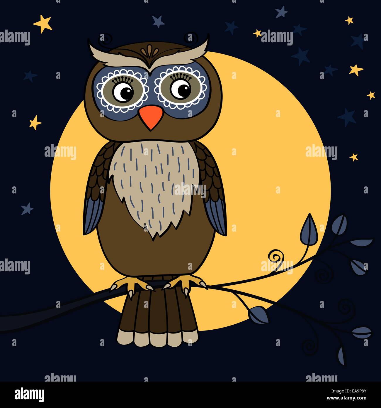 Owl on tree branch at moon night with stars vector illustration Stock ...