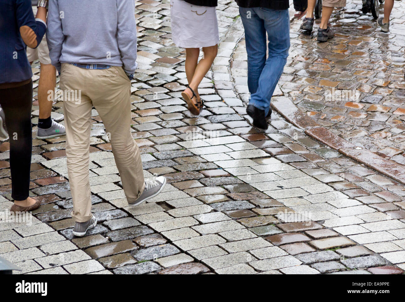 People walking on cobbled streets in the city of Lille, Nord-Pas de Calais, France Stock Photo