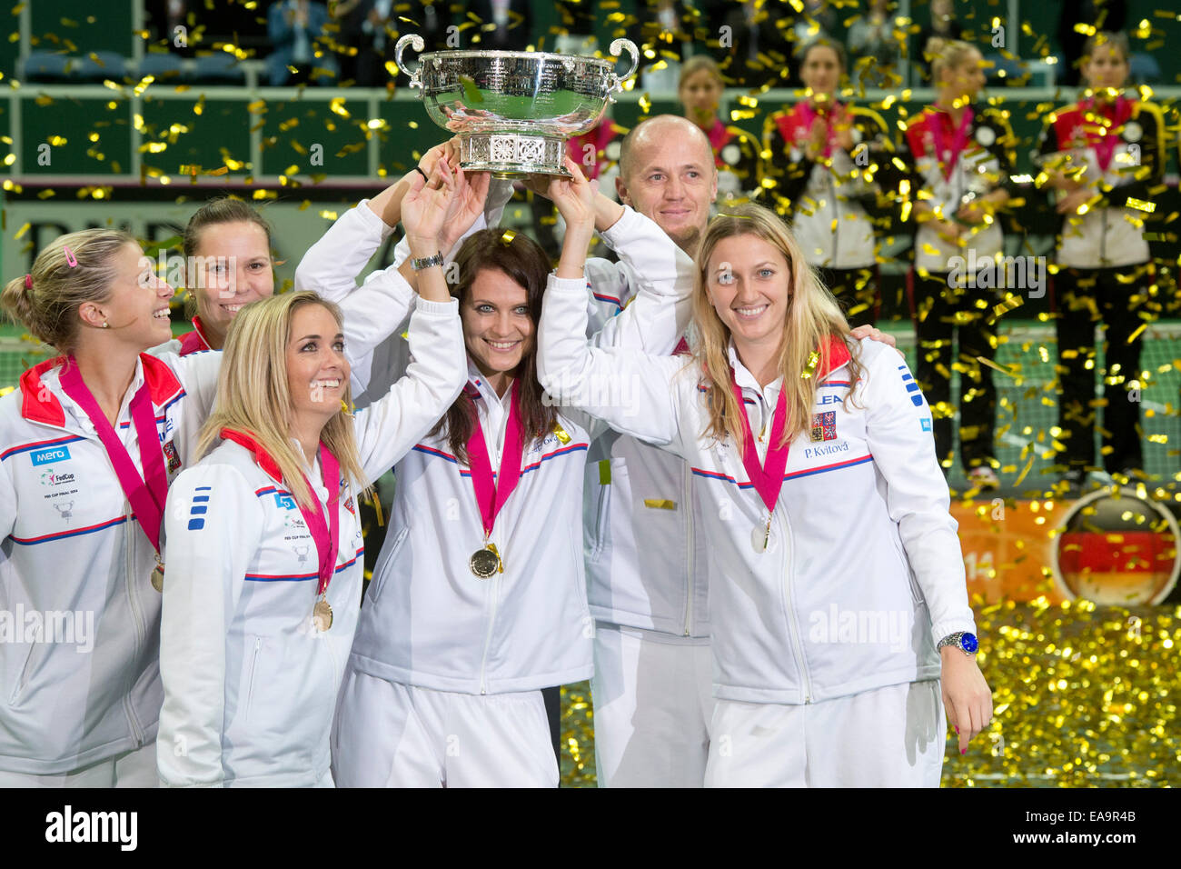 The Czech team won the women's tennis Fed Cup tournament, beating Germany 3-1 in Prague's O2 arena today, on Sunday, November 9, 2014. Czech team left to right: Andrea Hlavackova, Lucie Hradecka, Klara Koukalova, Lucie Safarova, non playing captain Petr Pala and Petra Kvitova. (CTK Phtoto/Michal Kamaryt) Stock Photo