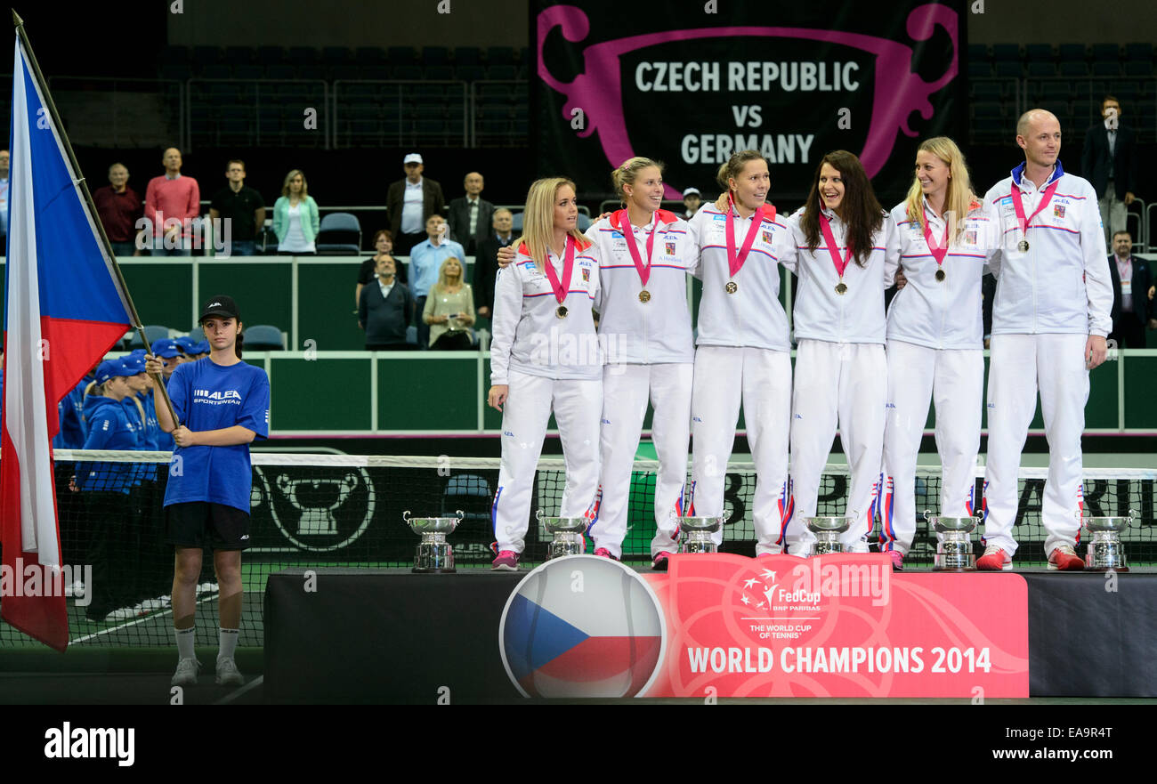 The Czech team won the women's tennis Fed Cup tournament, beating Germany 3-1 in Prague's O2 arena today, on Sunday, November 9, 2014. Czech team left to right: Klara Koukalova, Andrea Hlavackova, Lucie Hradecka, Lucie Safarova, Petra Kvitova and non playing captain Petr Pala. (CTK Phtoto/Michal Kamaryt) Stock Photo