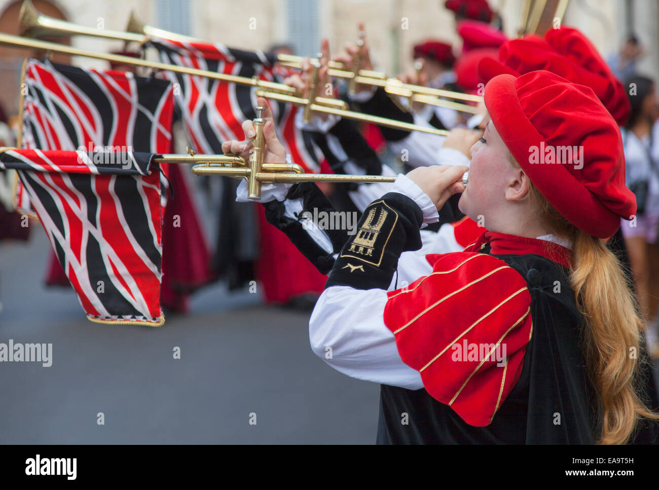 Trumpeteers in medieval festival of La Quintana, Ascoli Piceno, Le ...