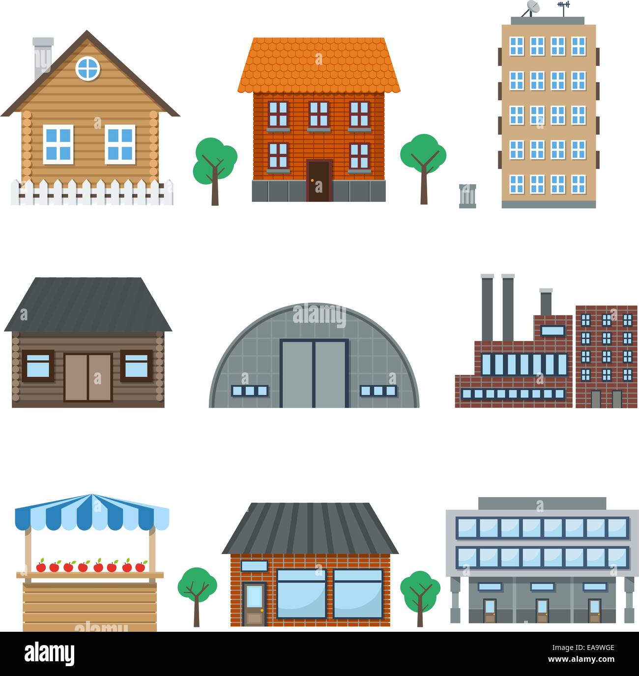 Detailed houses and building icons set isolated on white vector ...