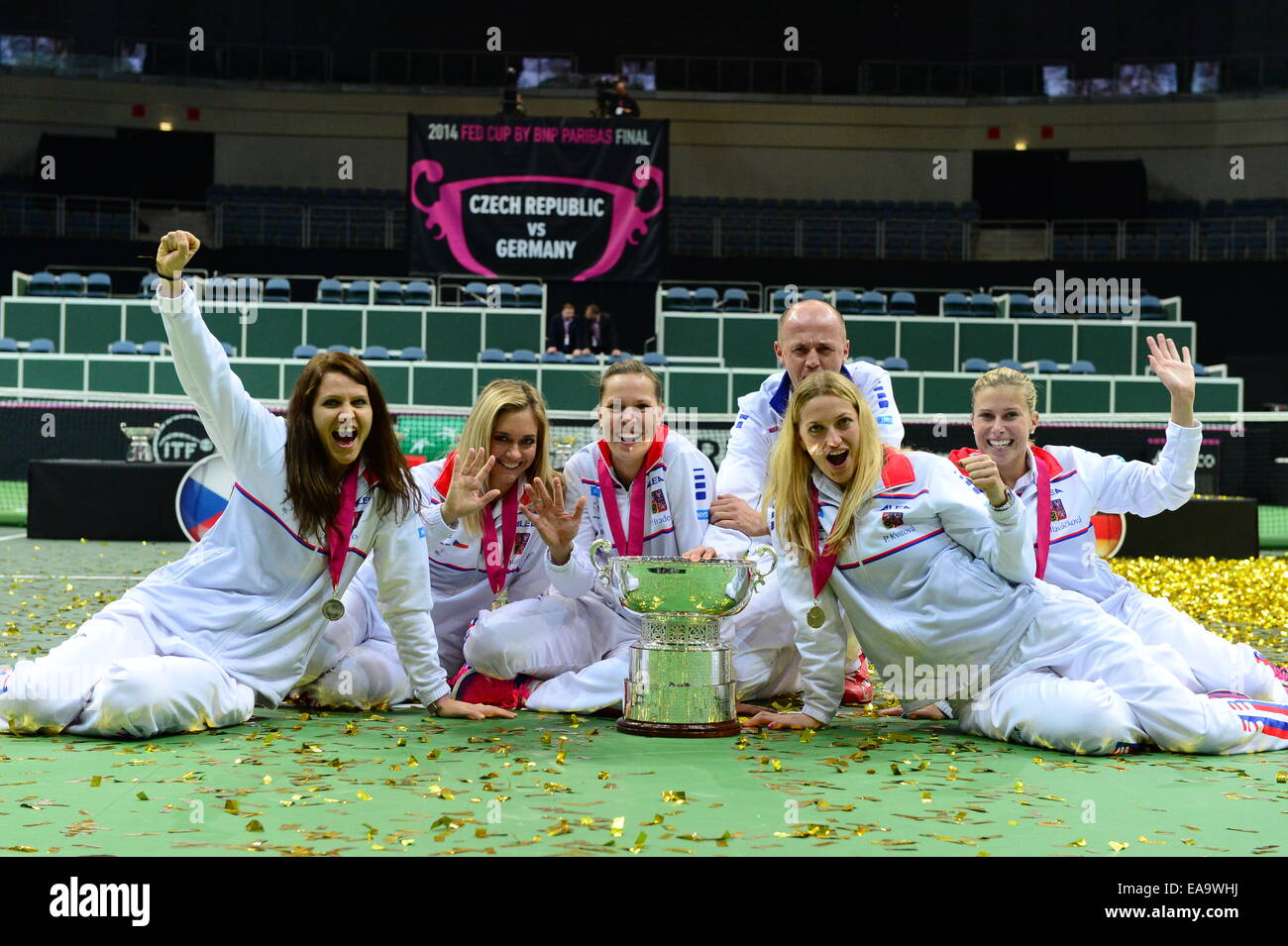 The Czech team won the women's tennis Fed Cup tournament, beating Germany 3-1 in Prague's O2 arena today, on Sunday, November 9, 2014. Czech team left to right: Lucie Safarova, Klara Koukalova, Lucie Hradecka, non playing captain Petr Pala, Petra Kvitova and Andrea Hlavackova. (CTK Phtoto/Michal Dolezal) Stock Photo