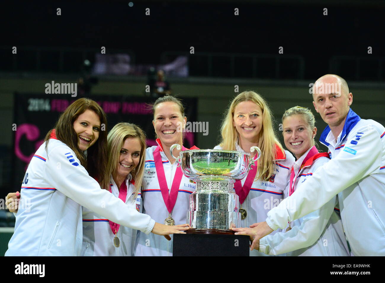 The Czech team won the women's tennis Fed Cup tournament, beating Germany 3-1 in Prague's O2 arena today, on Sunday, November 9, 2014. Czech team left to right: Lucie Safarova, Klara Koukalova, Lucie Hradecka, Petra Kvitova, Andrea Hlavackova and non playing captain Petr Pala. (CTK Phtoto/Michal Dolezal) Stock Photo