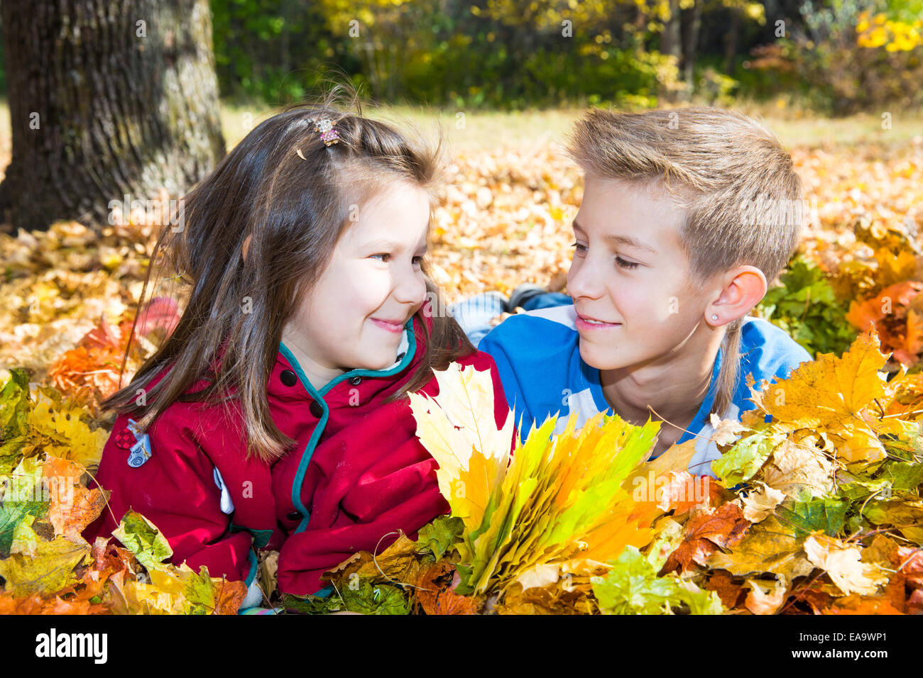 Fall. Brother and sister with leaves in autumn park Stock Photo - Alamy