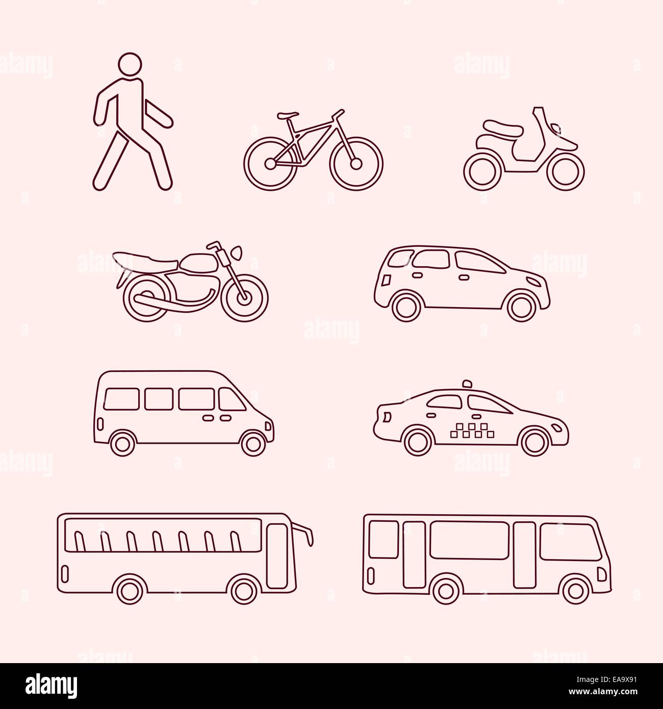 Transportation icons of pedestrian, bike, scooter, taxi, bus vector illustration Stock Vector ...