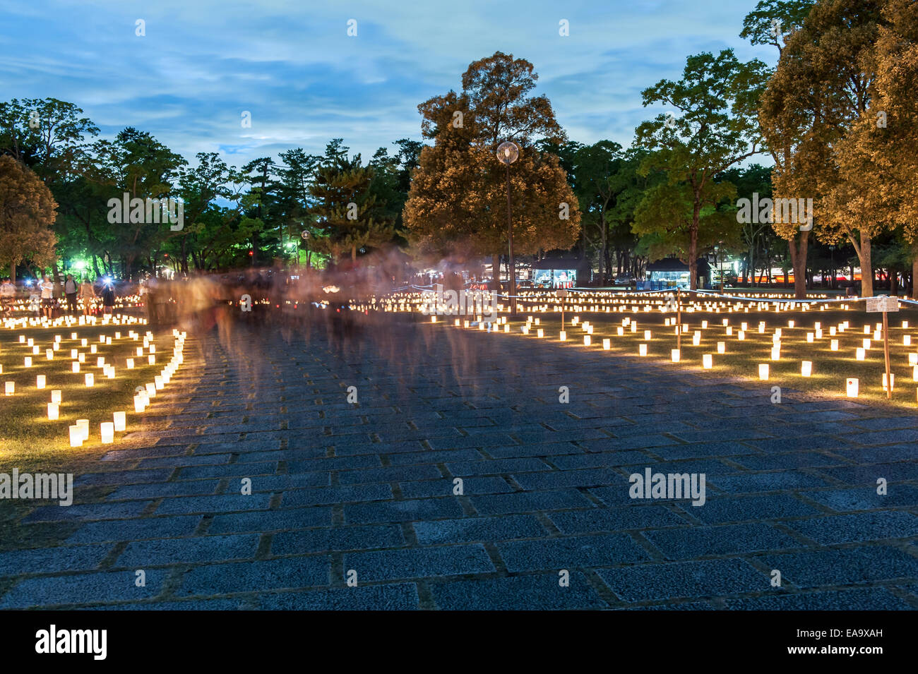 During the Obon festival in August 14th and 15th thousands of lanterns are lit in Nara, Japan to honor ancestors. Stock Photo