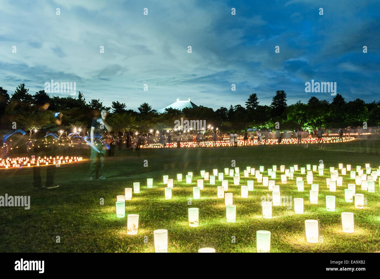 During the Obon festival in August 14th and 15th thousands of lanterns are lit in Nara, Japan to honor ancestors. Stock Photo