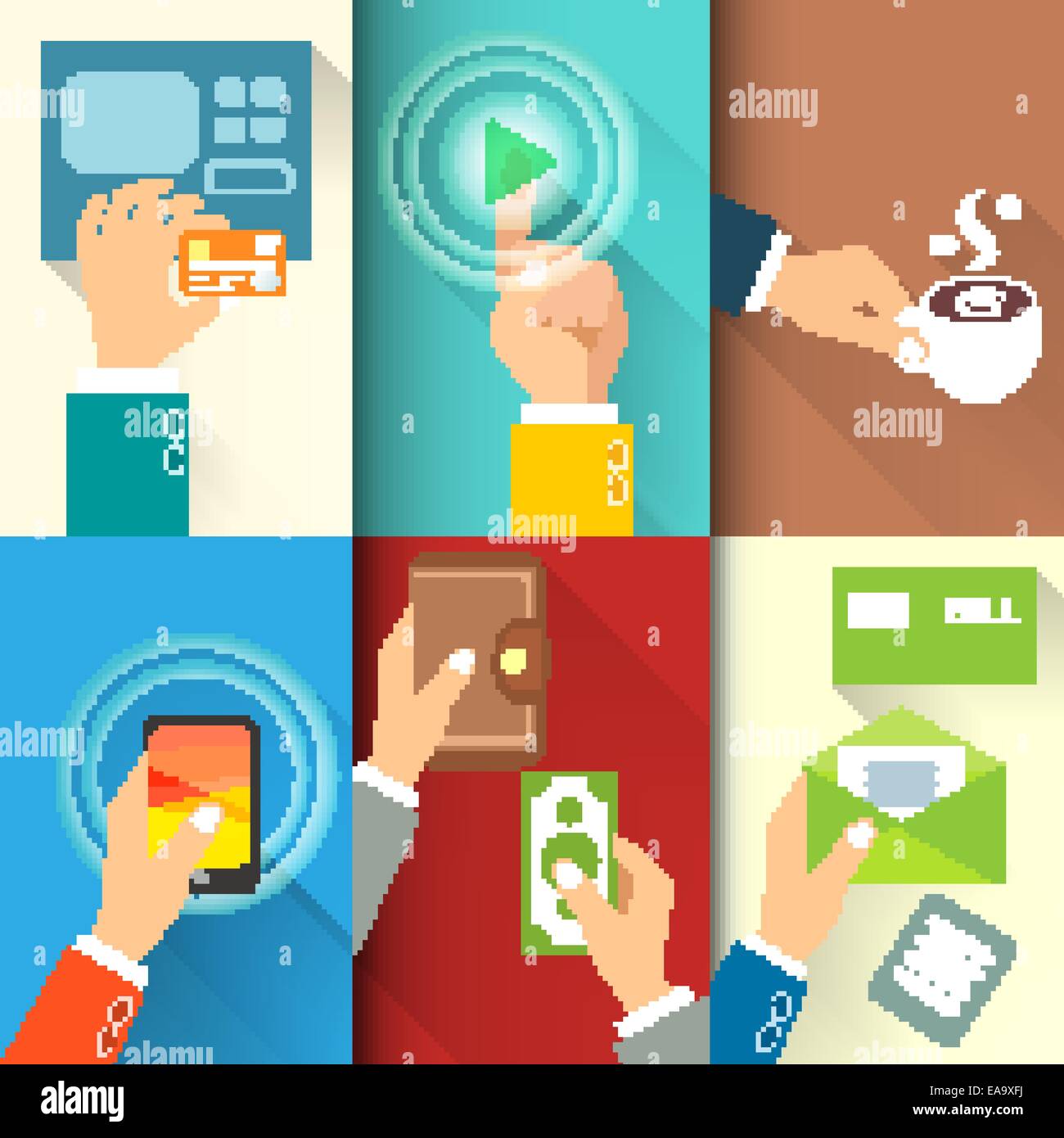 Business hands in action, pay, buy, transfer money vector illustration ...