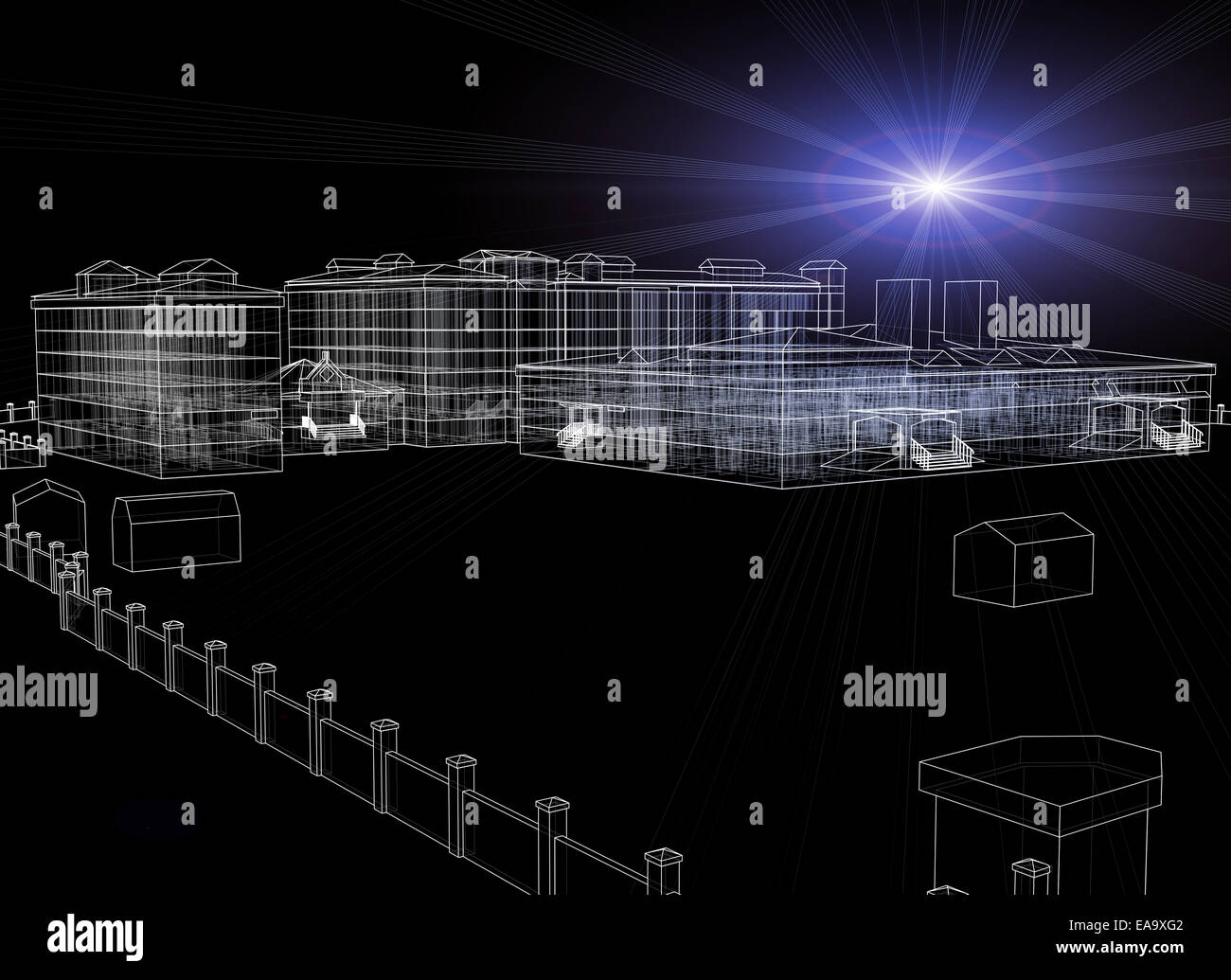 Wire-frame buildings with light on dark background Stock Photo - Alamy