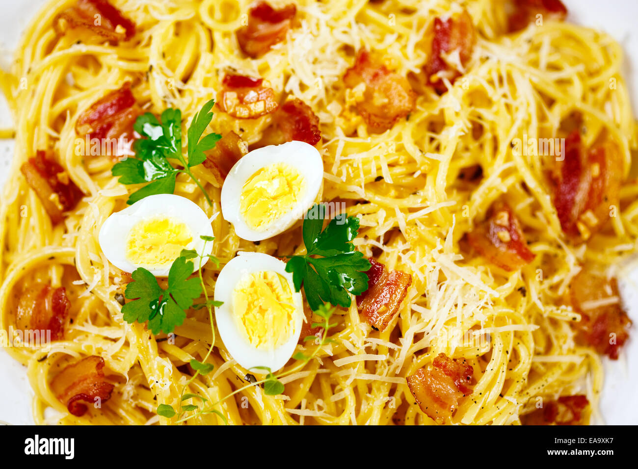 Pasta. Spaghetti with carbonara sauce, parmesan cheese, bacon and quail