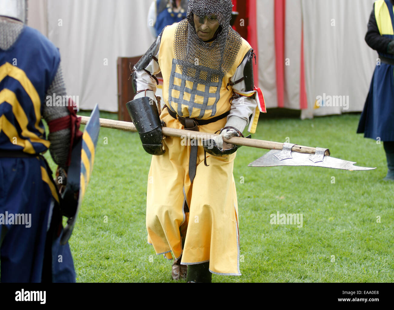 Conisbrough Castle. Knight with a Voulge a pole mounted slicing axe. Single edged blade 12th Century Stock Photo