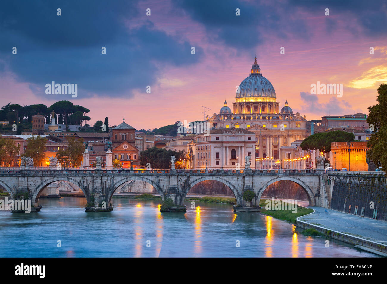 View of St. Peter's cathedral in Rome, Italy during beautiful sunset. Stock Photo
