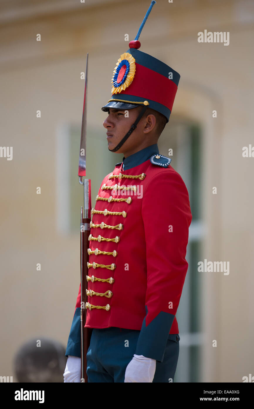 A sentry on duty in ceremonial uniform at the President';s Palace in Bogota, Colombia. Stock Photo