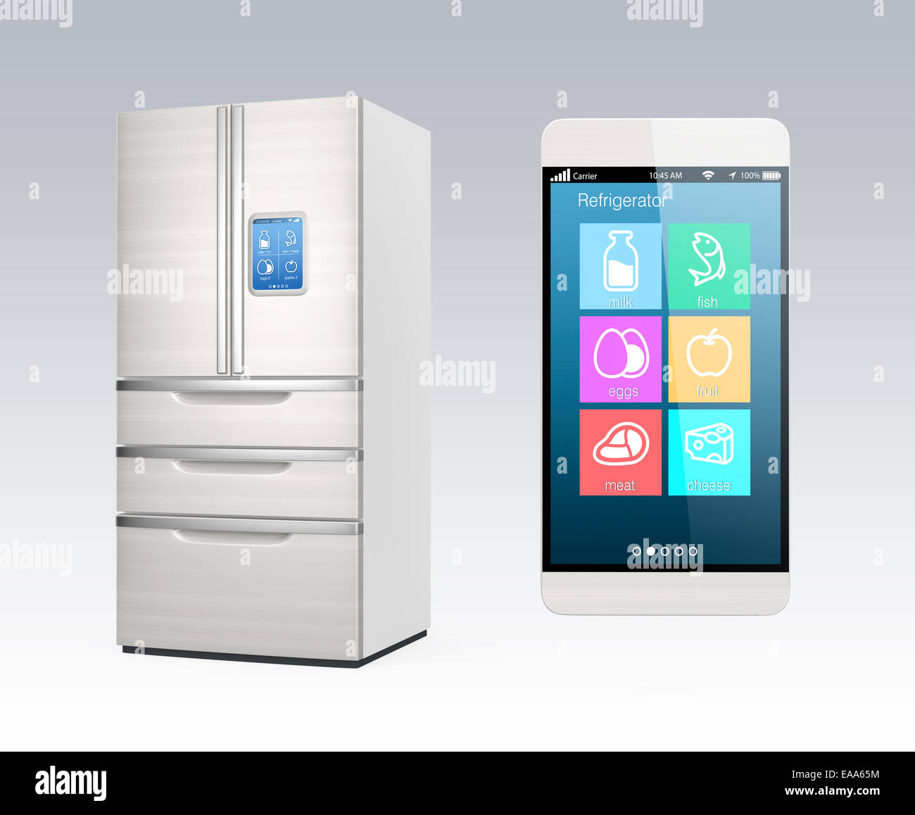 Smart refrigerator monitoring by smart phone concept Stock Photo