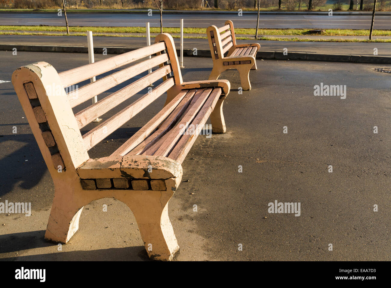 Two wooden benches in the Park Stock Photo
