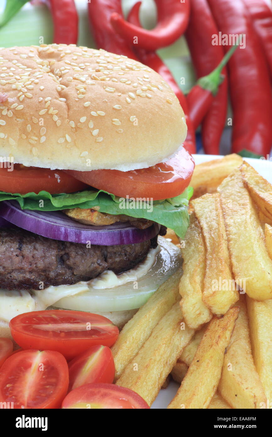 Close-up of a burger and french fries. Stock Photo