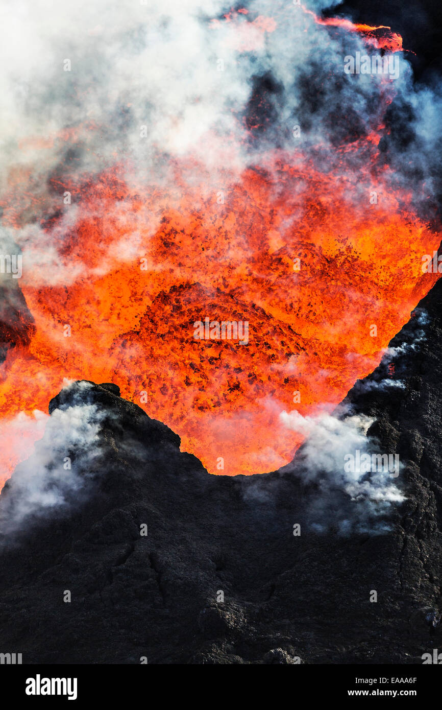 Aerial view of lava and plumes, Holuhraun Fissure Eruption, Bardarbunga Volcano, Iceland Stock Photo