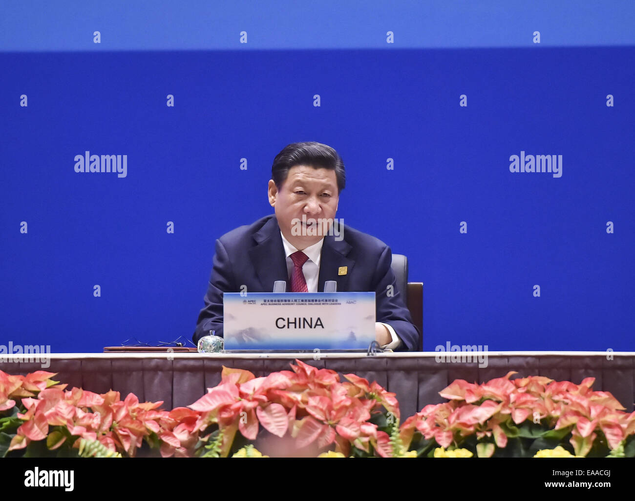 Beijing, China. 10th Nov, 2014. Chinese President Xi Jinping addresses the APEC Business Advisory Council Dialogue With Leaders in Beijing, China, Nov. 10, 2014. © Li Tao/Xinhua/Alamy Live News Stock Photo