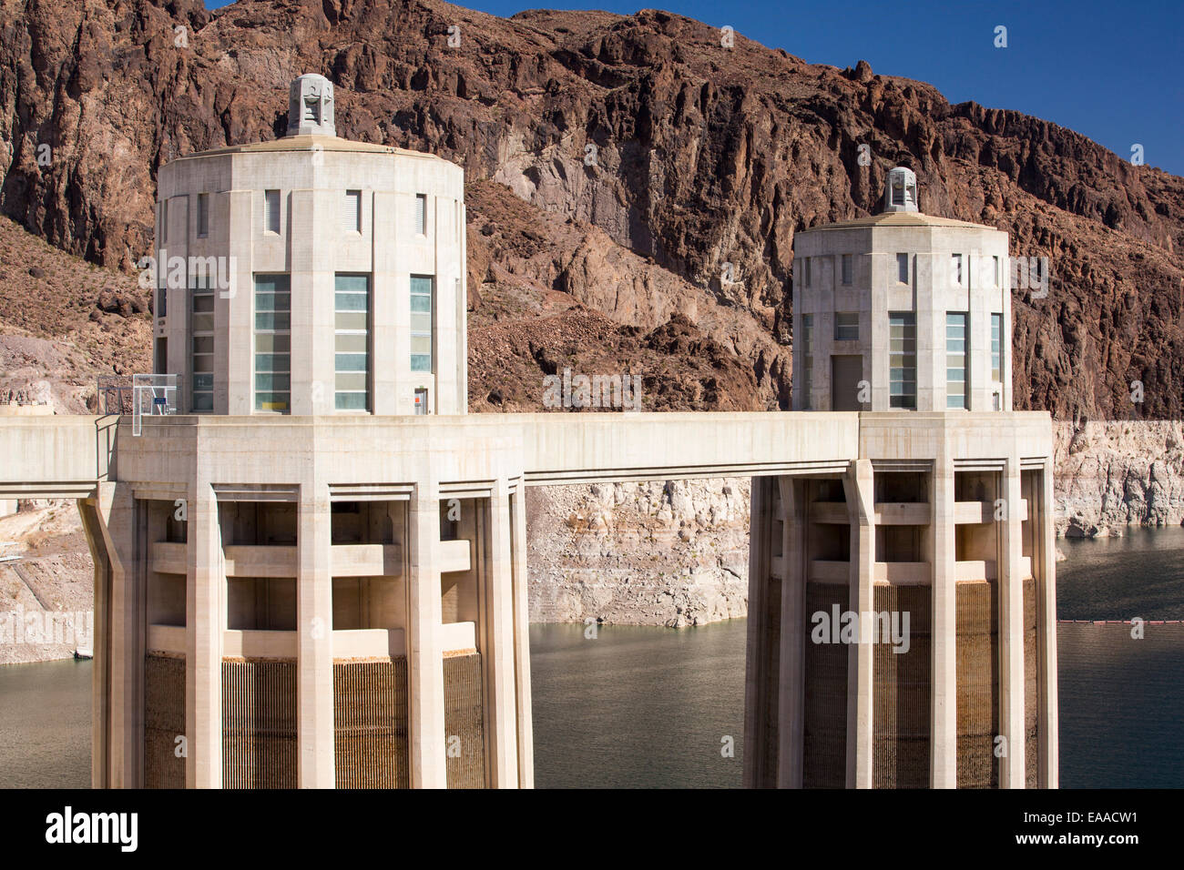 Intake towers for the hydro plant on the Hoover Dam, Lake Mead, Nevada, USA. The lake is at a