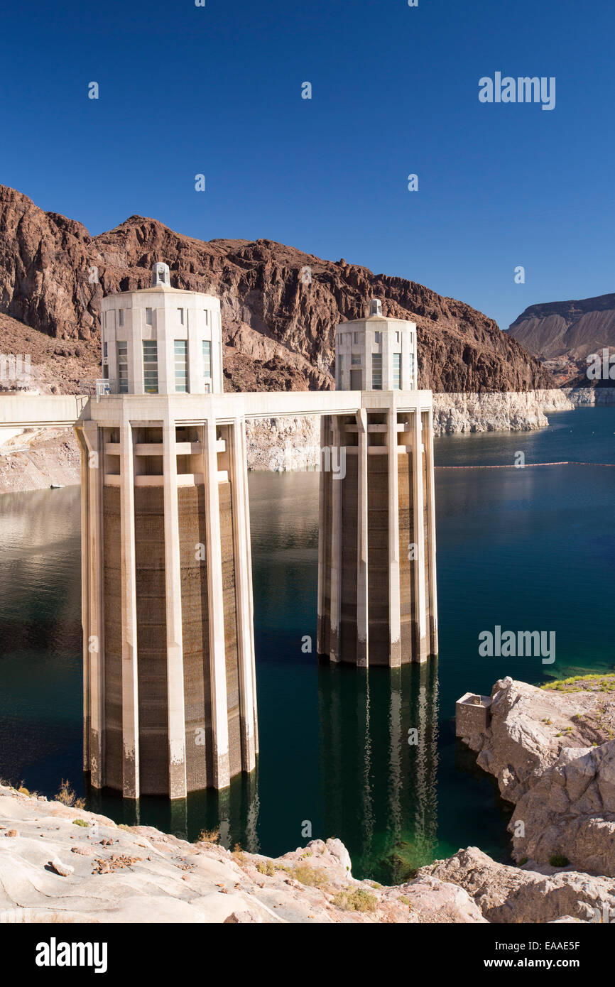 Intake towers for the Hoover Dam hydro electric power station, Lake Mead, Nevada, USA. The lake
