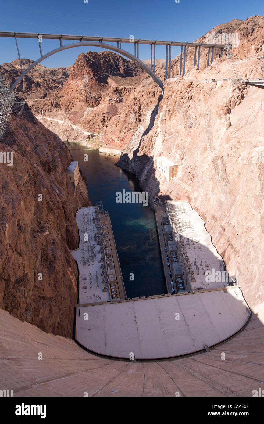 The Hoover Dam and Lake Mead hydro electric plant, which is at very low levels following a four year drought Stock Photo