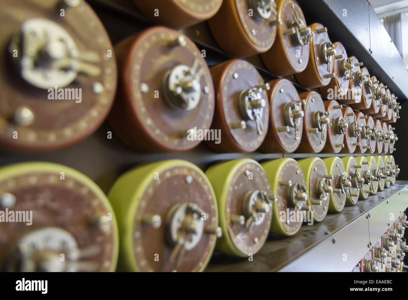 Rebuild of Turing Bombe at Bletchley Park, used to help decipher WWII German-Enigma-Machine-encrypted secret messages. Rotor drums. Stock Photo