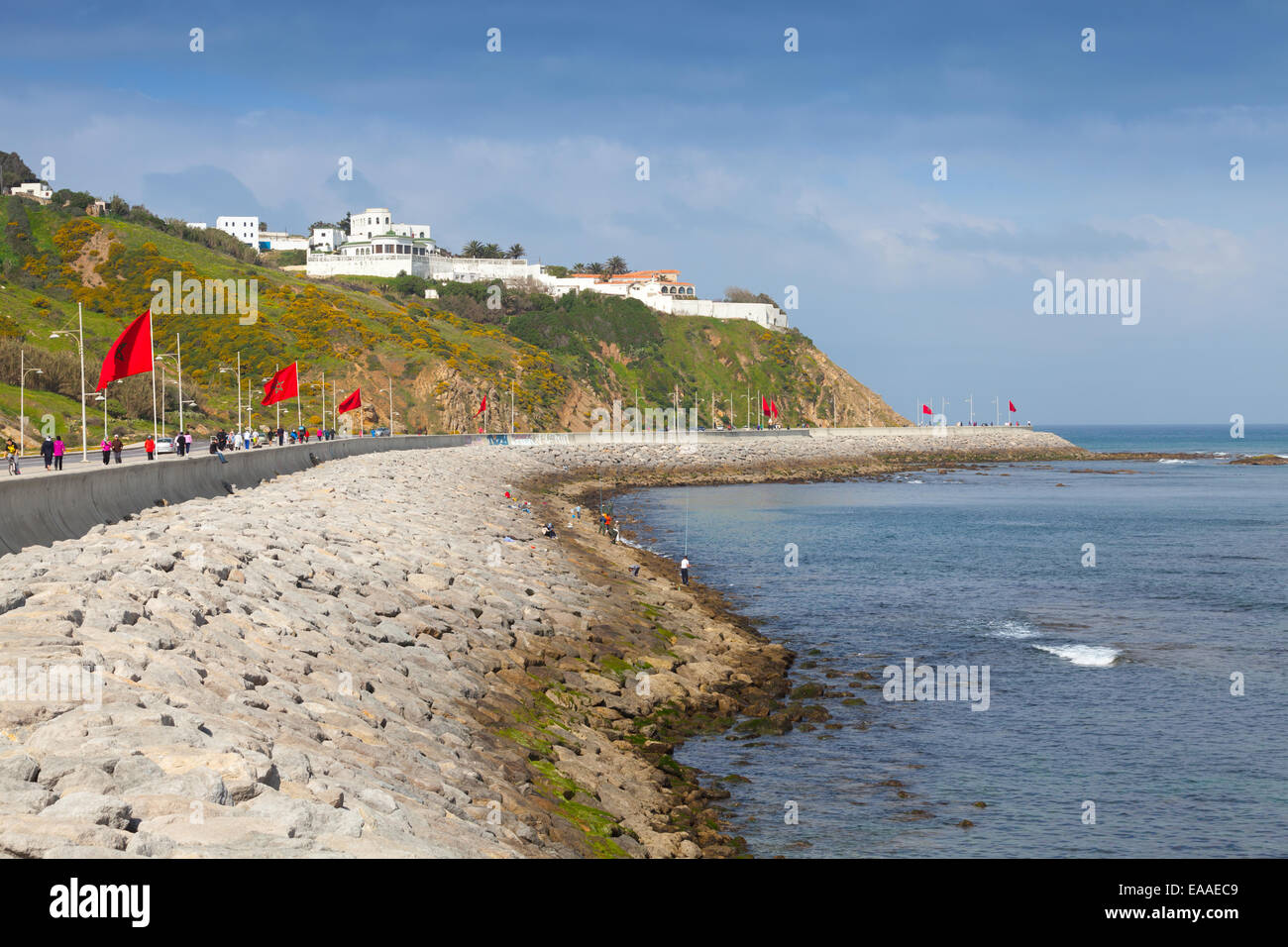 Tangier, Morocco - March 22, 2014: Coastal street panorama with flags, Tangier, Morocco Stock Photo