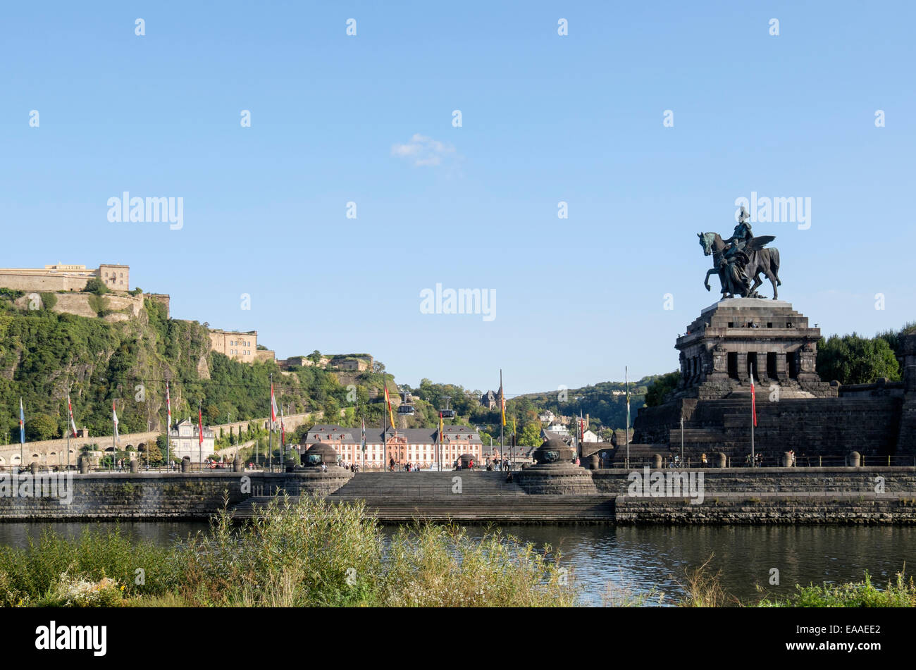 View across Moselle River to equestrian statue of Kaiser Wilhelm I at Deutsches Eck, Koblenz, Rhineland-Palatinate, Germany Stock Photo