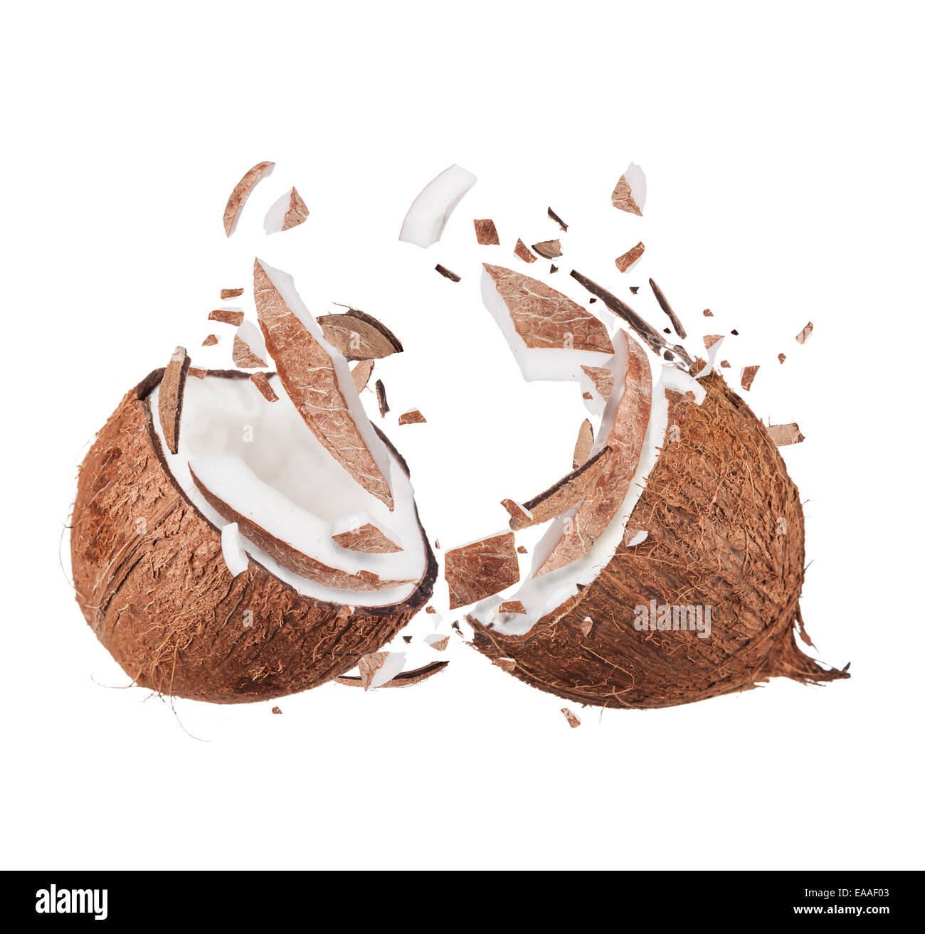 Coconut in motion, isolated on white background Stock Photo