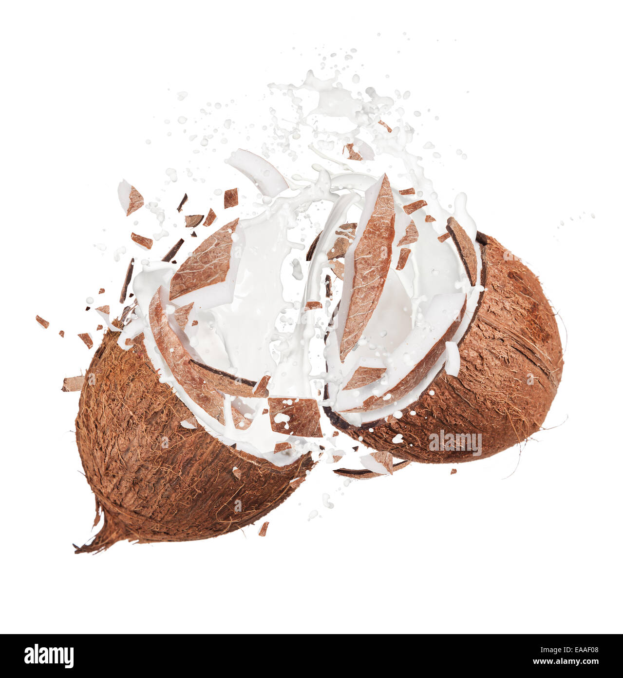 Coconut in motion, isolated on white background Stock Photo