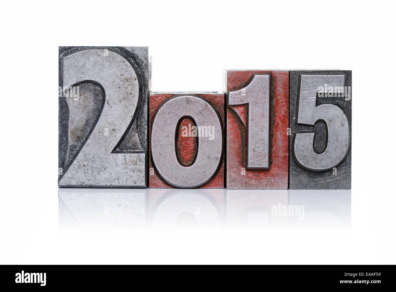 2015 in old metal letterpress isolated on a white background. Stock Photo