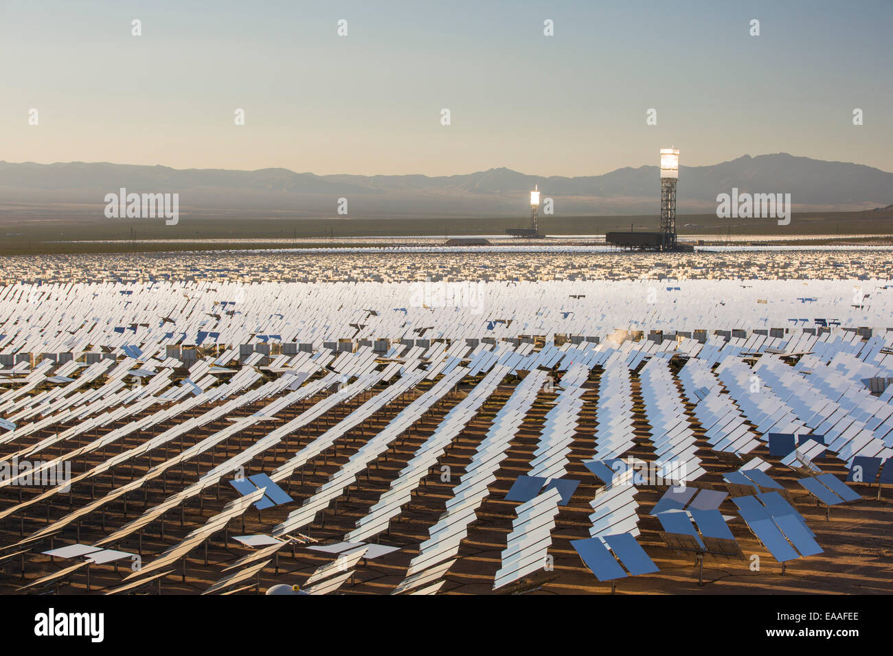 The Ivanpah Solar Thermal Power Plant in California''s Mojave Desert is currently the largest solar thermal plant in the world. Stock Photo