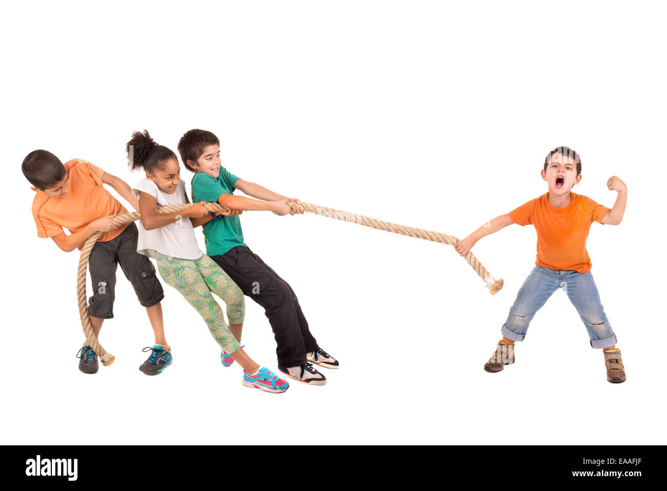 Group of children in a ropepulling contest against just one kid Stock Photo Alamy