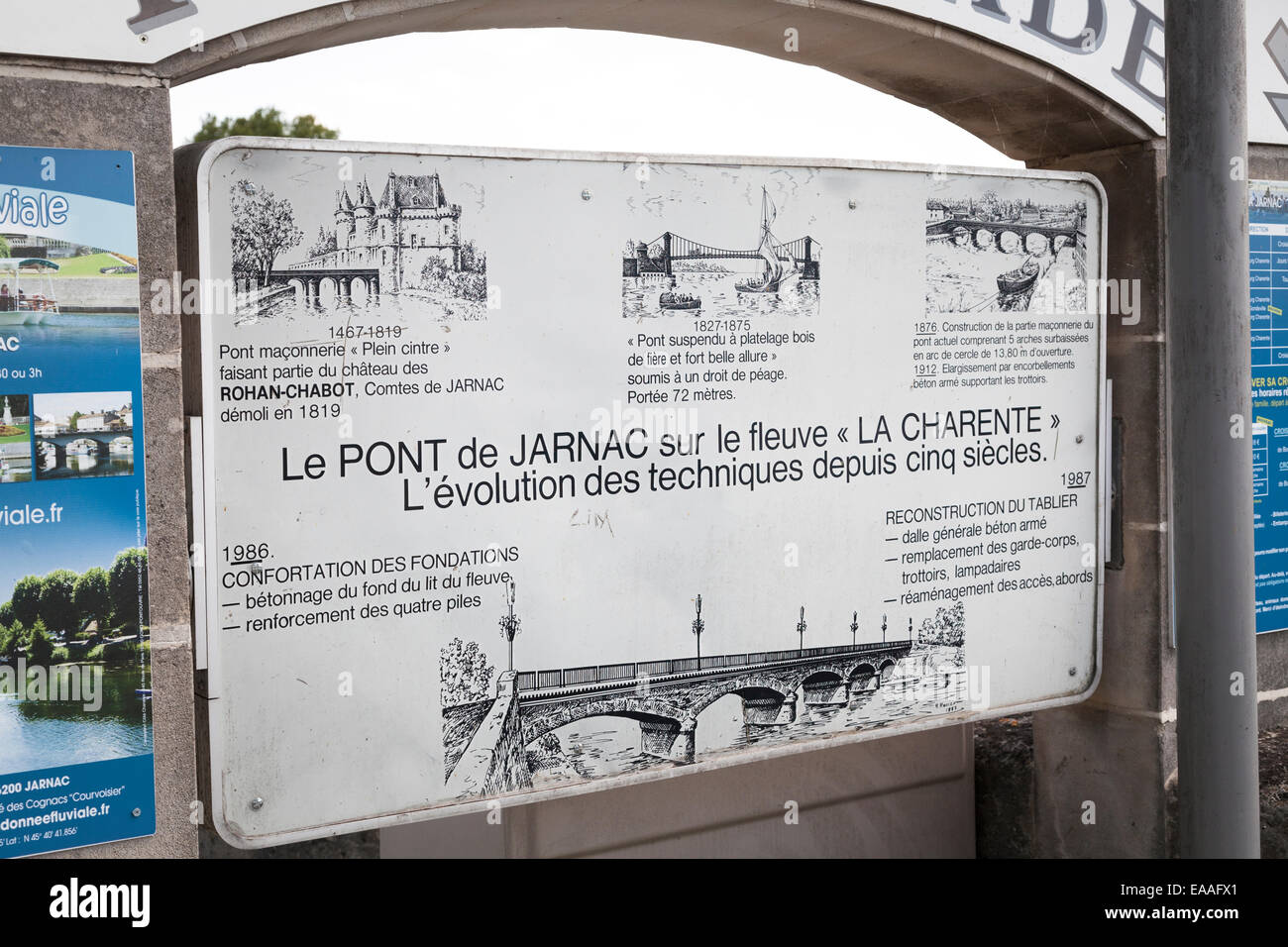 Information board about the development of the bridge over the river charente at Jarnac Stock Photo