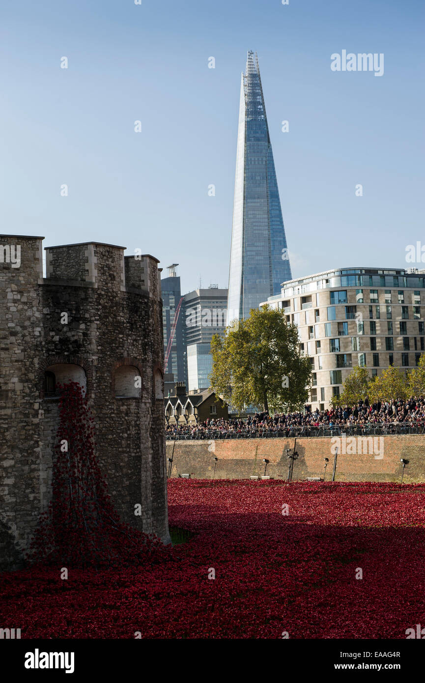 London UK 10 November 2014. Crowds flock to see the 888.246 red ceramic remembrance poppies around the Tower of London. Stock Photo